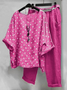 Damen Polka Dots Rundhals Halbarm Bequem Lässig Bluse mit Hose Zweiteiliges Set