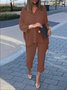Damen Unifarben Schalkragen Langarm Bequem Lässig Bluse mit Hose Zweiteiliges Set