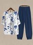 Damen Gestreift Langarm Bequem Lässig Bluse mit Hose Zweiteiliges Set