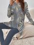 Damen Ethnisch Rundhals Langarm Bequem Lässig Bluse mit Hose Zweiteiliges Set