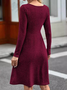 Damen Unifarben Rundhals Langarm Bequem Lässig Geknöpft Midikleid