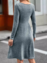 Damen Unifarben Rundhals Langarm Bequem Lässig Geknöpft Midikleid