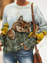 Lässig V-Ausschnitt Katze Sweatshirt