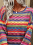 Rundhals Langarm Multifarben Block Jacquard Regelmäßig Mikroelastizität Weit Bluse für Damen