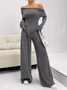Damen Unifarben Langarm Bequem Lässig Bluse mit Hose Zweiteiliges Set