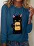 Lässig Katze Rundhals Langarm T-Shirt