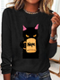 Lässig Katze Rundhals Langarm T-Shirt