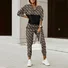 Damen Geometrisch V-Ausschnitt Langarm Bequem Lässig Bluse mit Hose Zweiteiliges Set