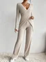 Damen Unifarben V-Ausschnitt Langarm Bequem Lässig Reißverschluss Bluse mit Hose Zweiteiliges Set