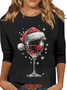 Rundhals Langarm Weihnachten Wein Glas Regelmäßig Mittlere Elastizität Weit Bluse für Damen