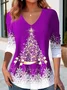 V-Ausschnitt Langarm Weihnachten Warmbohren Regelmäßig Mikroelastizität Weit Bluse für Damen