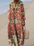 Damen 3d Drucken V-Ausschnitt Langarm Bequem Retro Maxikleid