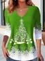 V-Ausschnitt Langarm Weihnachten Warmbohren Regelmäßig Mikroelastizität Weit Bluse für Damen