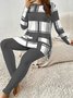 Damen Geometrisch Rundhals Langarm Bequem Lässig Bluse mit Hose Zweiteiliges Set