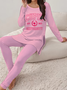 Damen Textbriefe Rundhals Langarm Bequem Lässig Print Bluse mit Hose Zweiteiliges Set