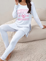 Damen Textbriefe Rundhals Langarm Bequem Lässig Print Bluse mit Hose Zweiteiliges Set