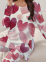 Damen Herz/Herz Rundhals Langarm Bequem Lässig Print Bluse mit Hose Zweiteiliges Set