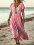 Damen Batik V-Ausschnitt Kurzarm Bequem Lässig Print Maxikleid