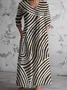Damen Gestreift V-Ausschnitt Langarm Bequem Retro Maxikleid