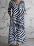 Damen Gestreift V-Ausschnitt Langarm Bequem Retro Maxikleid