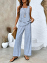 Damen Unifarben Karree-Ausschnitt Ärmellos Bequem Lässig Bluse mit Hose Zweiteiliges Set