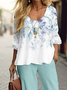 Damen Geblümt Rundhals Langarm Bequem Lässig Print Bluse mit Hose Zweiteiliges Set