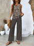 Damen Geblümt Rundhals Ärmellos Bequem Lässig Print Bluse mit Hose Zweiteiliges Set