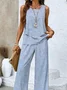 Damen Gestreift Rundhals Ärmellos Bequem Lässig Bluse mit Hose Zweiteiliges Set