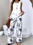 Damen Geblümt Zweiteiliges Set Täglich Ärmellos Lässig Sommer Bluse mit Hose Matching Set