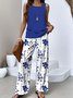 Damen Geblümt Zweiteiliges Set Täglich Ärmellos Lässig Sommer Bluse mit Hose Matching Set