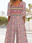 Damen Halbarm V-Ausschnitt Weit Knöchelhose Täglich Retro Ethnisch Normal T-Shirt Jumpsuit
