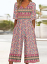 Damen Halbarm V-Ausschnitt Weit Knöchelhose Täglich Retro Ethnisch Normal T-Shirt Jumpsuit