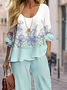 Damen Geblümt Rundhals Langarm Bequem Lässig Print Bluse mit Hose Zweiteiliges Set