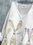 V-Ausschnitt Langarm OSTERN (Kaninchen) Print Regelmäßig Mikroelastizität Weit T-Shirt mit Grafik Bluse_ für Damen