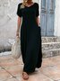 Damen Unifarben Sommer Kleid V-Ausschnitt Kurzarm T-Shirt-Kleid H-Linie Kleid