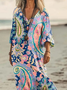Damen Paisley V-Ausschnitt Langarm Bequem Retro Maxikleid