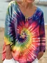 Lässig Batik V-Ausschnitt Langarm T-Shirt