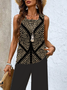 Damen Geometrisch Rundhals Ärmellos Bequem Lässig Print Bluse mit Hose Zweiteiliges Set