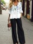 Damen Geblümt Rundhals Langarm Bequem Lässig Print Bluse mit Hose Zweiteiliges Set