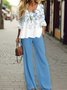 Damen Geblümt Rundhals Langarm Bequem Lässig Print Bluse mit Hose Zweiteiliges Set