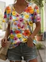 Lässig Geblümt V-Ausschnitt Kurzarm T-Shirt