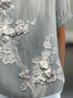 Schalkragen Kurzarm Geblümt Print Leicht Weit Bluse für Damen