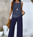 Damen Polka Dots Rundhals Ärmellos Bequem Lässig Bluse mit Hose Zweiteiliges Set