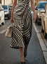 Damen abstrakte Streifen Rundhals Ärmellos Bequem Retro Print Maxikleid