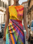 Damen Hippie Rundhals Ärmellos Bequem Retro Print Maxikleid