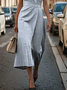 Damen Gestreift Rundhals Ärmellos Bequem Retro Print Maxikleid
