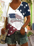 Lässig Amerika-Flagge V-Ausschnitt Kurzarm T-Shirt