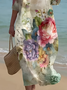 Damen Geblümt Sommer Print Kleid Rundhals Halbarm H-Linie Kleid