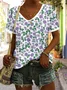 Lässig Geblümt V-Ausschnitt Kurzarm T-Shirt