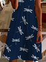 Damen Libelle Sommer Print Kleid V-Ausschnitt Kurzarm Passen & Flare Kleid A-Linien-Kleid